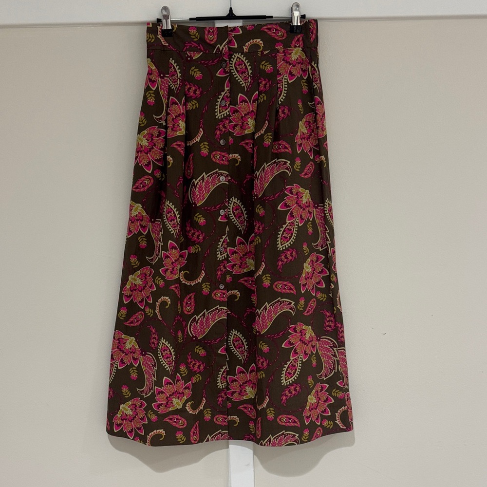 LIVRO Olive Brown Maxi Skirt with Pink Paisley Floral Print